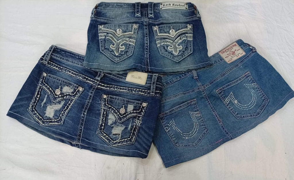 CR12501 Upcycled Mix-Branded Mini Denim Skirts