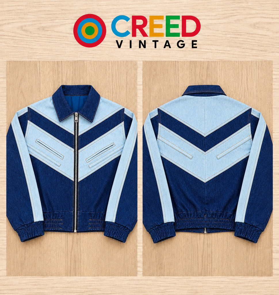 CR2301 UPCYCLED TWO-TONE CHEVRON DENIM ZIP JACKET
