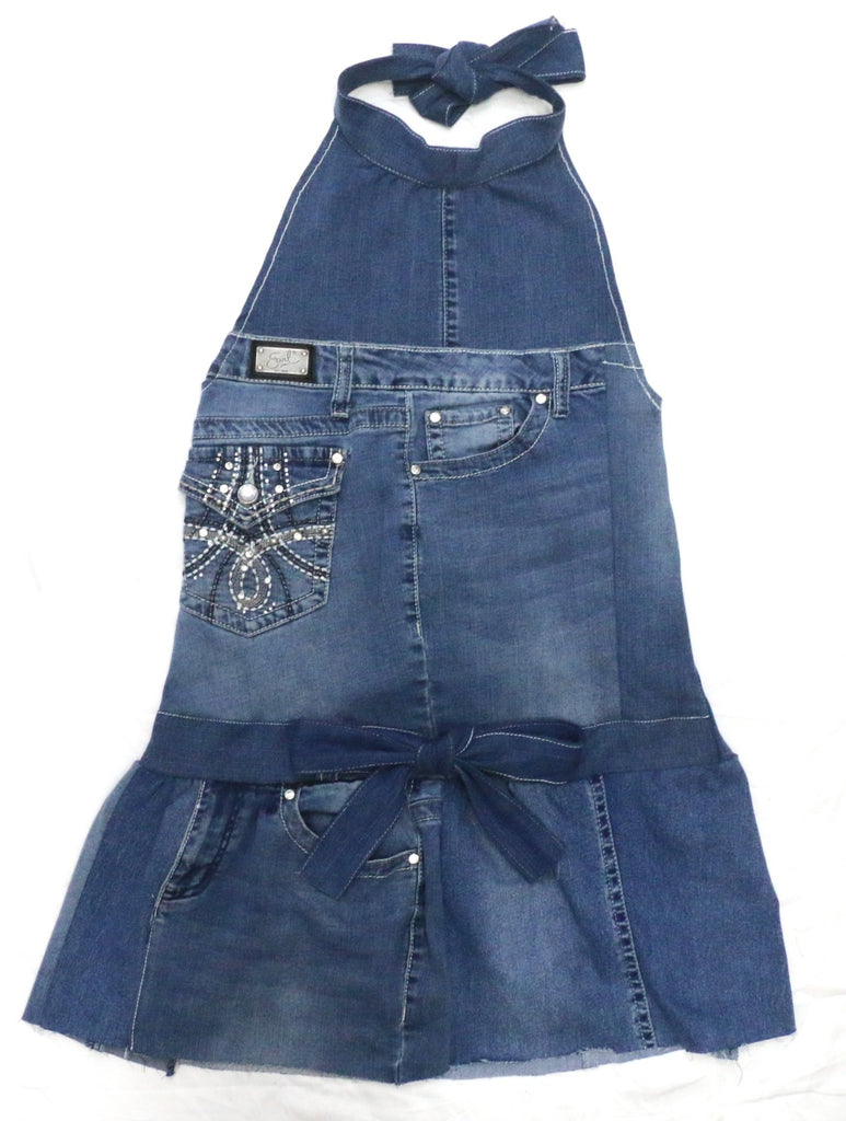 CR2279 UPCYCLED DENIM HALTER BOW DRESS