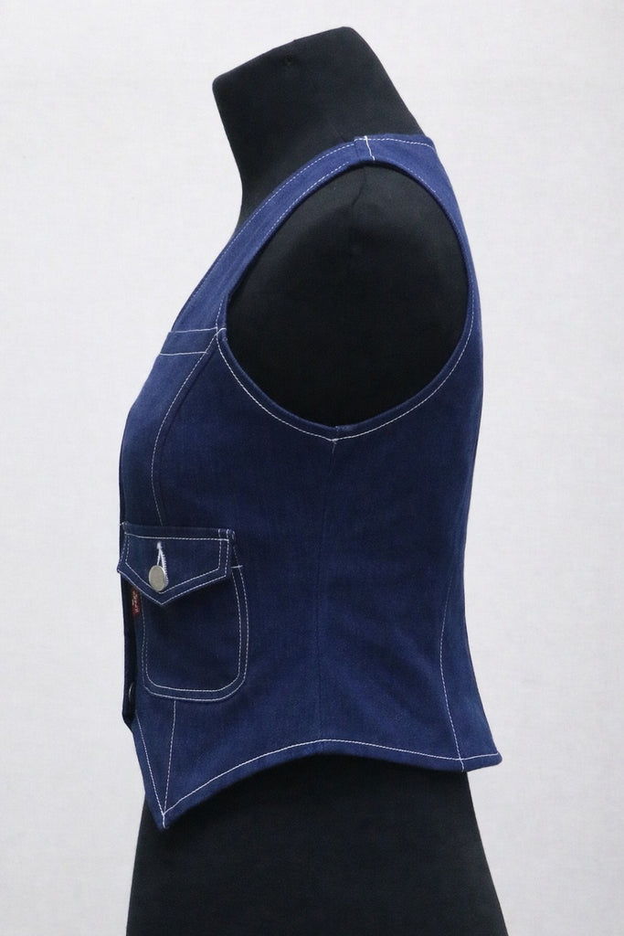 CR17 Women’s Denim Crop Vest – Button Front Sleeveless Waistcoat (Light & Dark Wash)