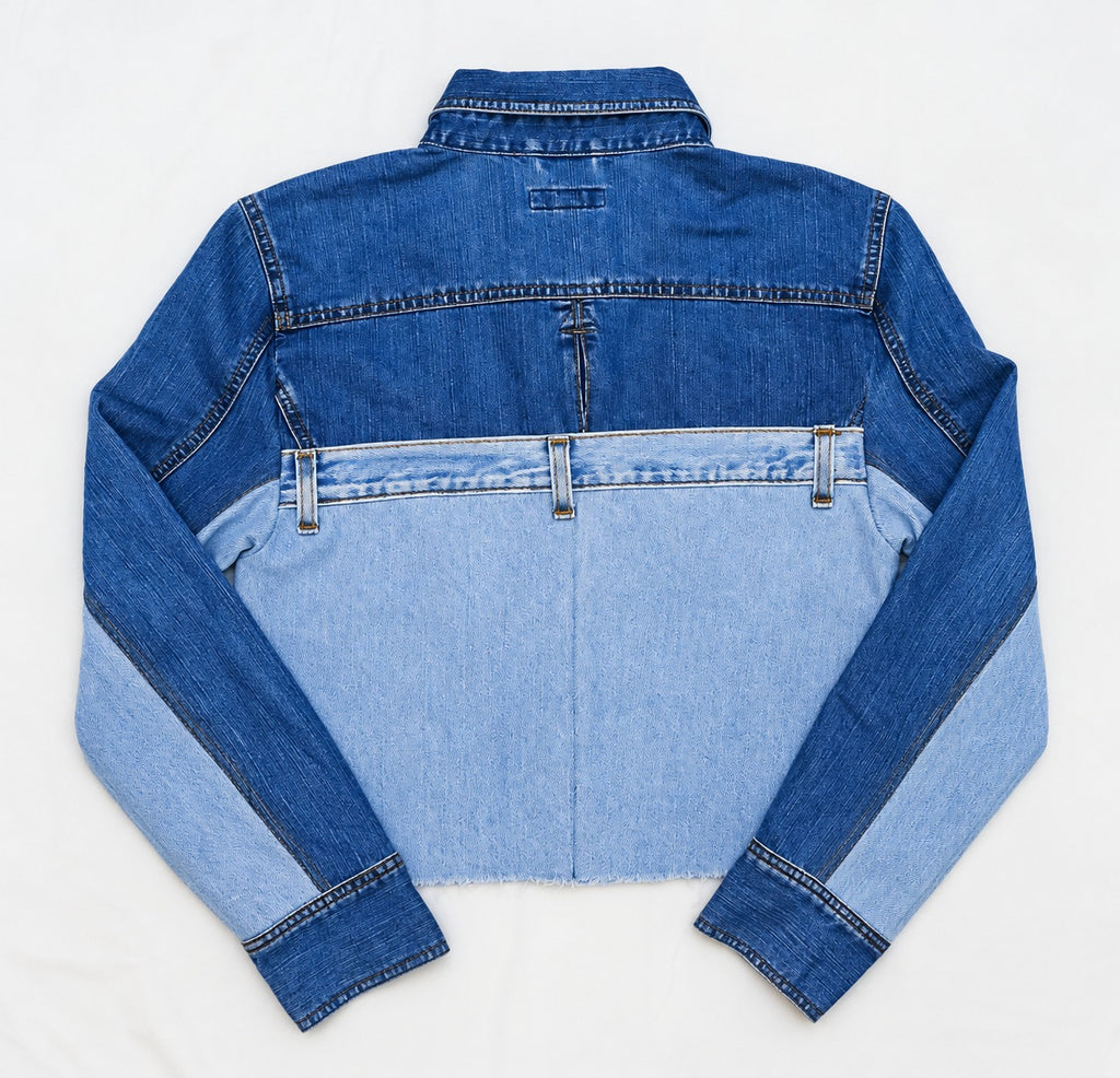 CR2254 UPCYCLED TWO-TONE DENIM CROP JACKET