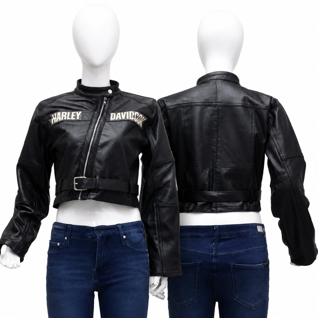 CR2057 UPCYCLED HARLEY-STYLE CROPPED MOTO LEATHER JACKET