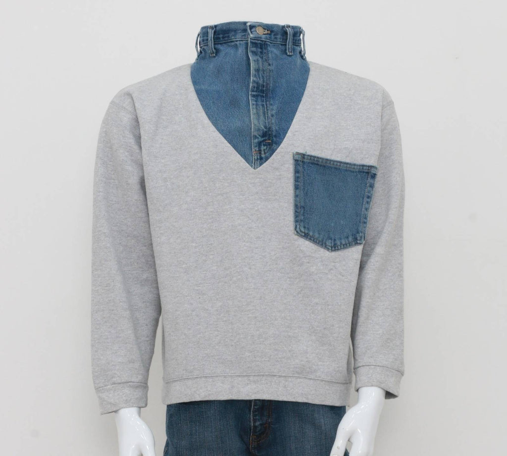 Reworked Sweatshirt made with Branded Denim Pockets and waistband