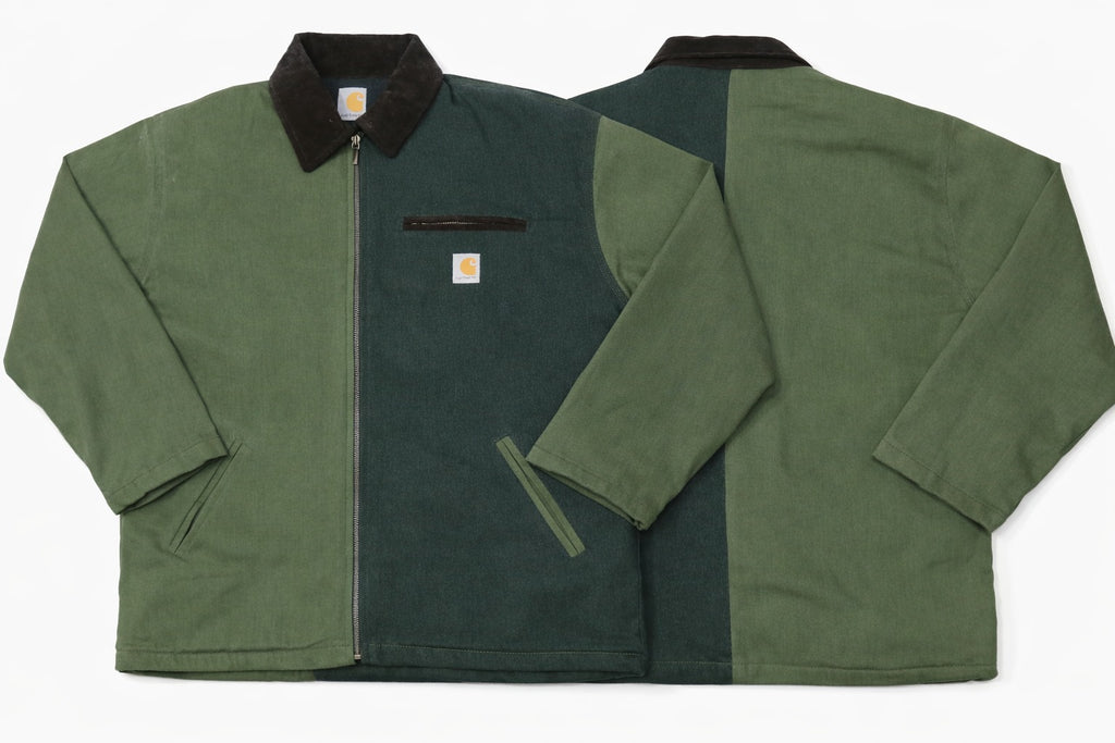 CR1451 Upcycled Workwear Jacket – Dual Tone Olive Green Panel Design