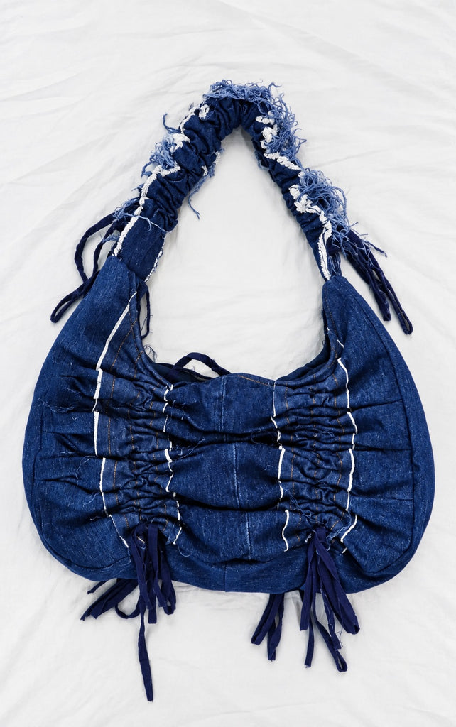 CR2263 UPCYCLED RUCHED DENIM HOBO BAG