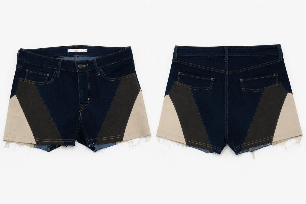 CR1679 UPCYCLED PANEL DENIM SHORTS