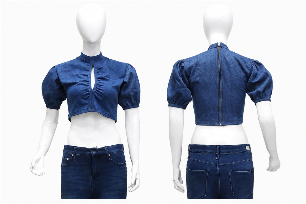 CR2004 UPCYCLED PUFF-SLEEVE KEYHOLE CROP TOP
