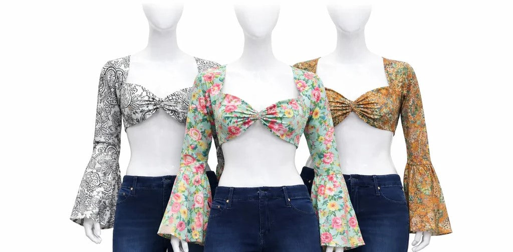 CR1307 Rework Tie Front Top – Bell Sleeve Crop (Print Mix)