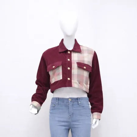 CR1172 Upcycled Plaid-Panel Crop Jacket