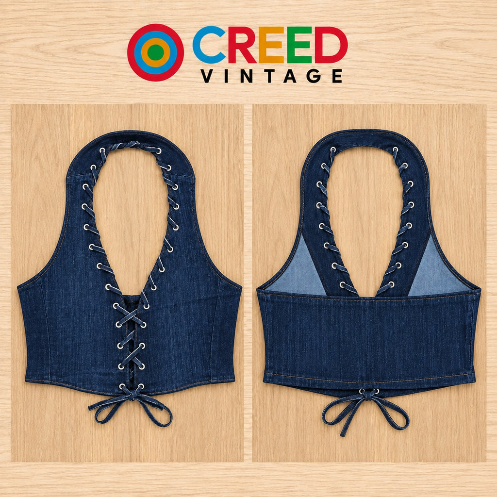 CR2276 UPCYCLED LACE-UP DENIM HALTER CORSET TOP