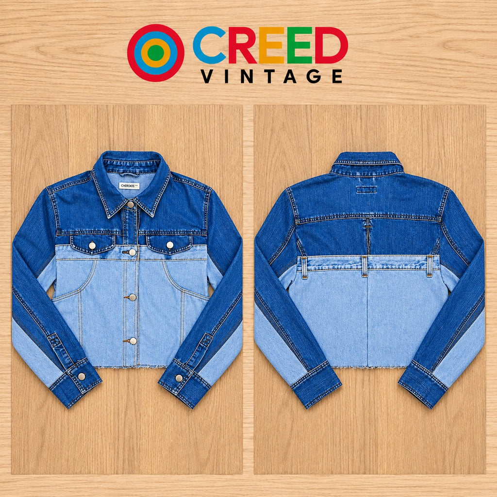CR2254 UPCYCLED TWO-TONE DENIM CROP JACKET