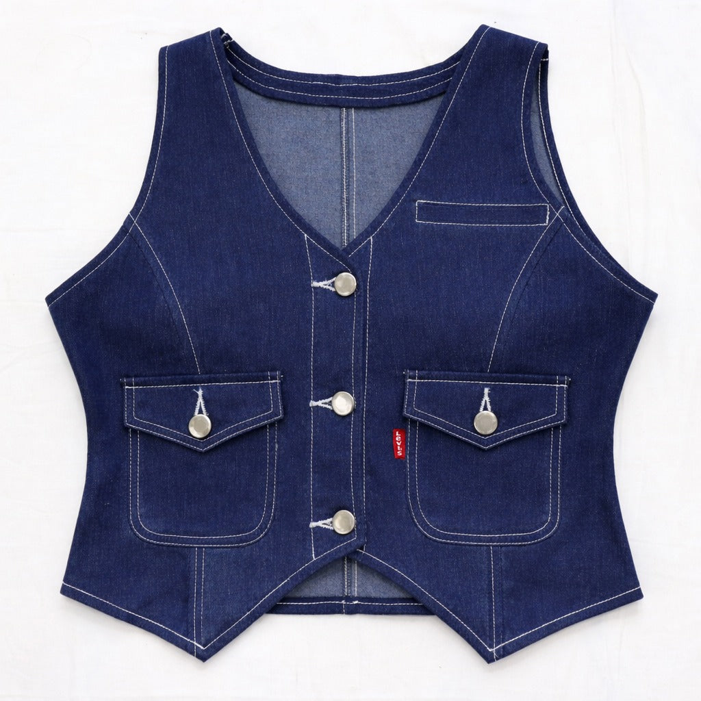 CR17 Women’s Denim Crop Vest – Button Front Sleeveless Waistcoat (Light & Dark Wash)