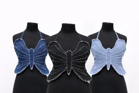 CR2100 Upcycled Denim Butterfly Crop Top