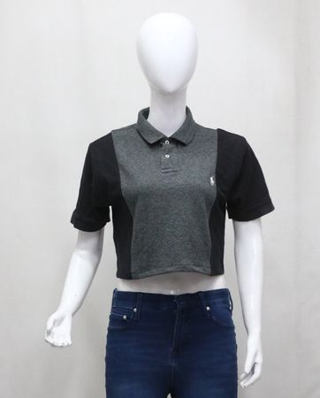 CR1421 Upcycled Polo Contrast Panel Cropped Shirt