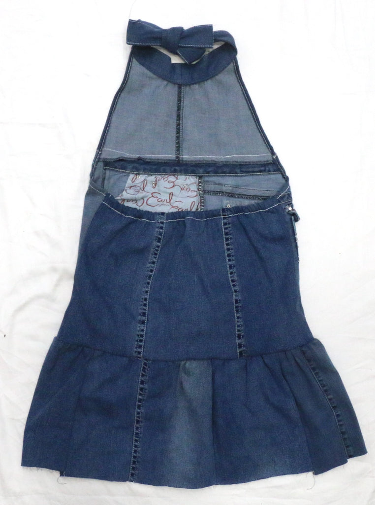 CR2279 UPCYCLED DENIM HALTER BOW DRESS