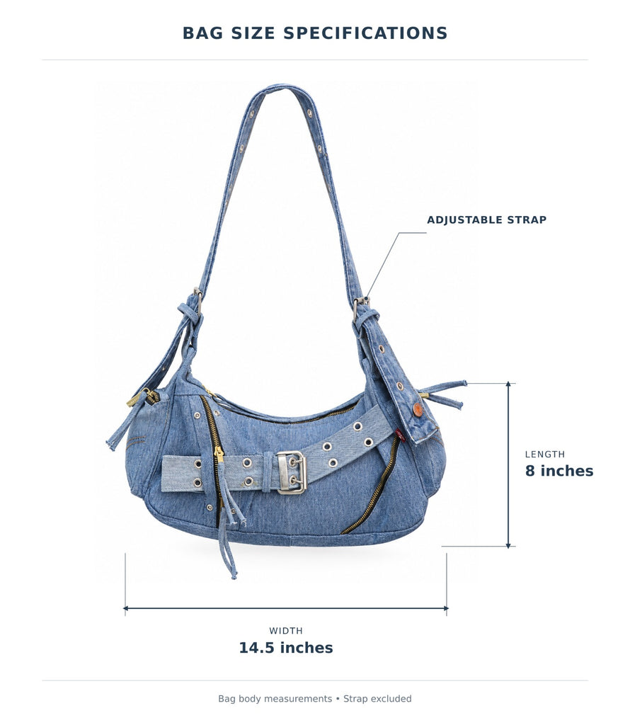 CR2305 UPCYCLED DENIM ZIP & BUCKLE SHOULDER BAG
