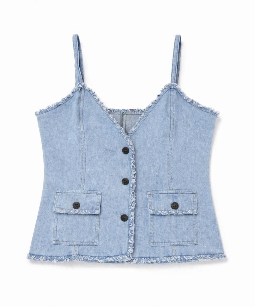 CR1118 Rework Denim Cami Top – Frayed Edge Button Crop