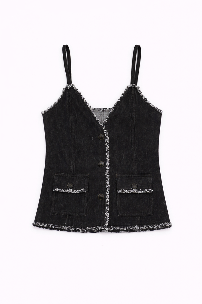 CR1118 Rework Denim Cami Top – Frayed Edge Button Crop