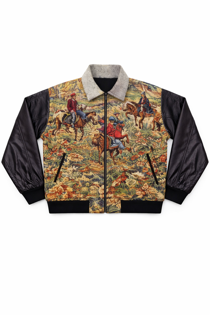 CR1336 Upcycled Tapestry Leather Sleeve Jacket – Vintage Scenic Panel Rework