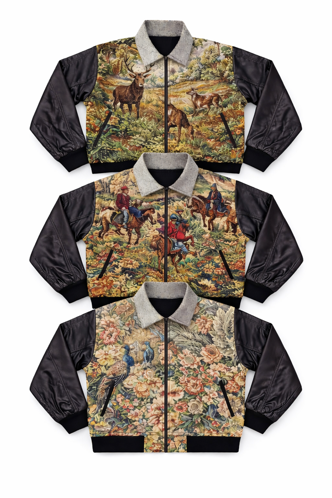 CR1336 Upcycled Tapestry Leather Sleeve Jacket – Vintage Scenic Panel Rework
