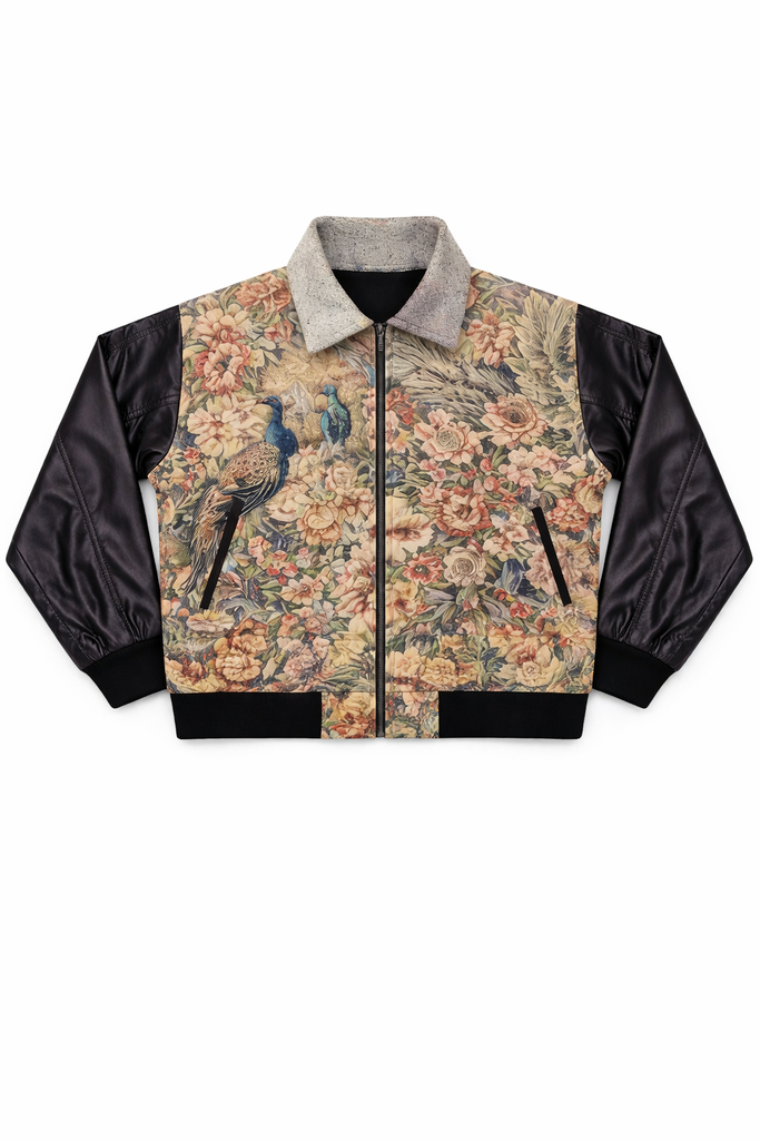 CR1336 Upcycled Tapestry Leather Sleeve Jacket – Vintage Scenic Panel Rework