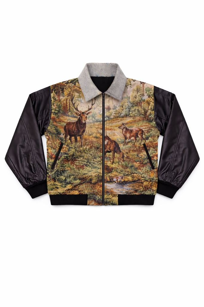 CR1336 Upcycled Tapestry Leather Sleeve Jacket – Vintage Scenic Panel Rework
