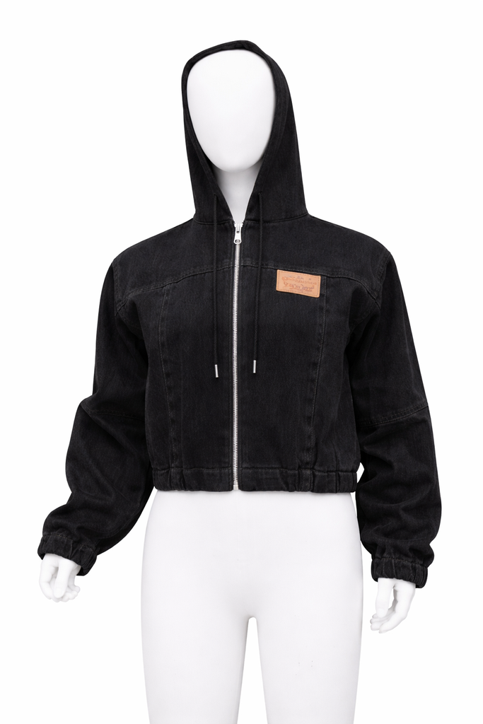 CR1269 Upcycled Denim Cropped Hoodie Jacket – Zip Front