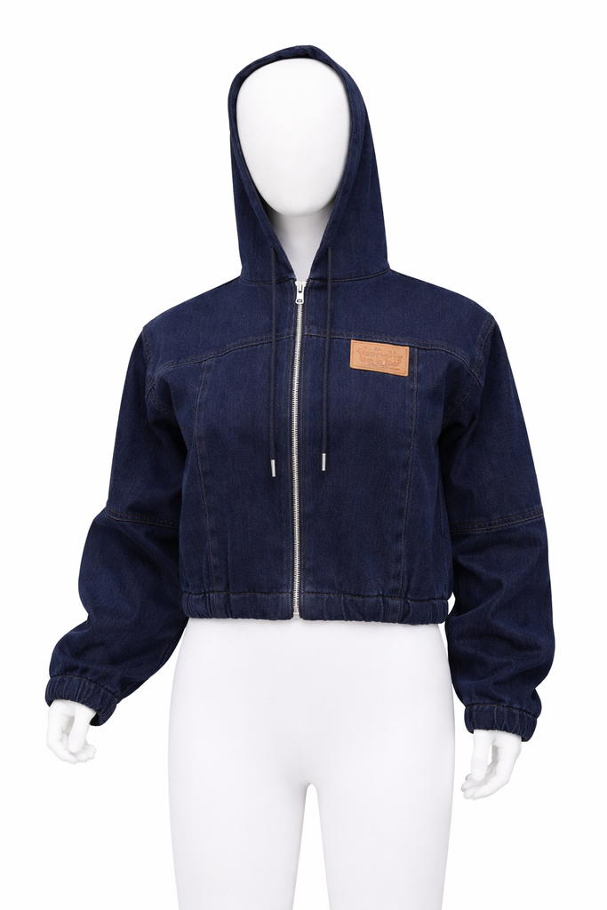 CR1269 Upcycled Denim Cropped Hoodie Jacket – Zip Front