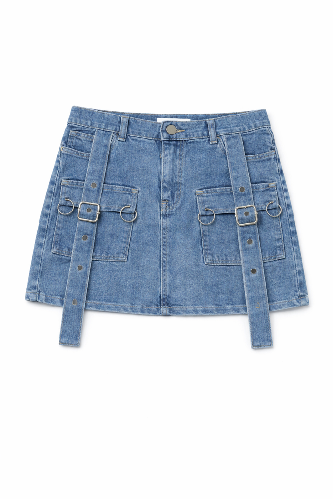 CR1302 Upcycled Denim Belted Mini Skirts – Ring Detail Rework (Multi Wash)