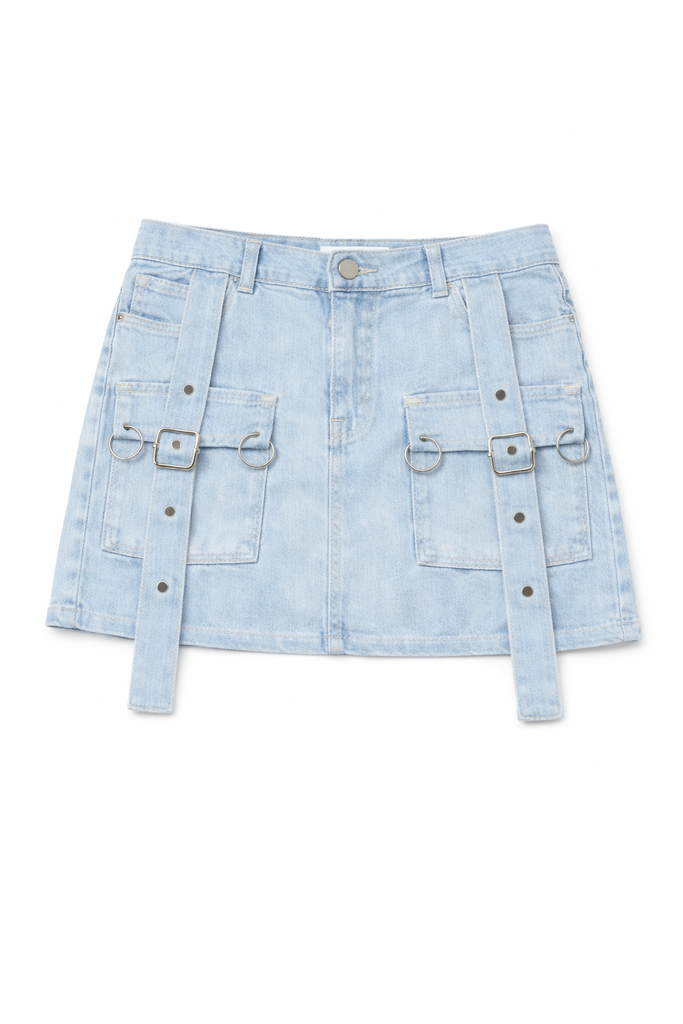 CR1302 Upcycled Denim Belted Mini Skirts – Ring Detail Rework (Multi Wash)