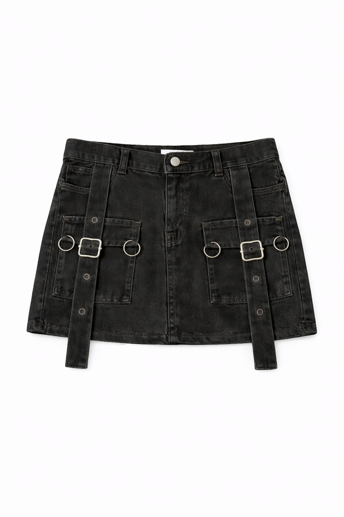 CR1302 Upcycled Denim Belted Mini Skirts – Ring Detail Rework (Multi Wash)
