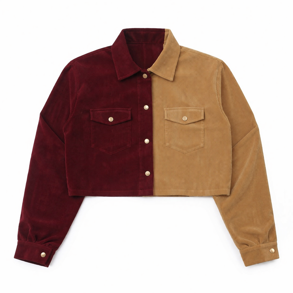CR1154 - Upcycled Corduroy Two-Tone Button-Up Cropped Jacket