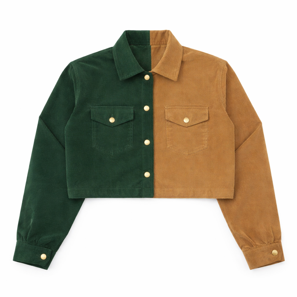CR1154 - Upcycled Corduroy Two-Tone Button-Up Cropped Jacket
