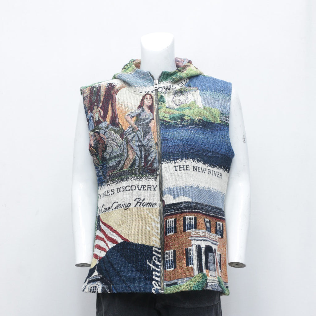 Reworked Tapestry Zipper Hooded Vest