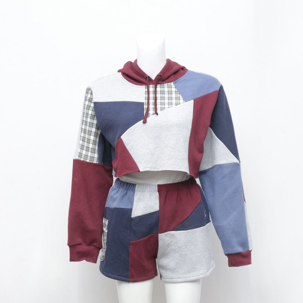 Reworked Patchwork Crop Hoodie and Shorts Outfits