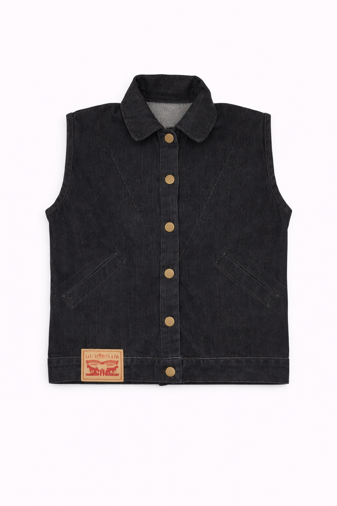 CR1349 Upcycled Denim Snap Button Vest – Dark Wash Rework Piece