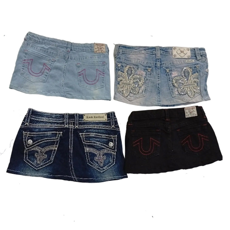 CR8373 UPCYCLED MIX BRANDED MINI DENIM SKIRTS