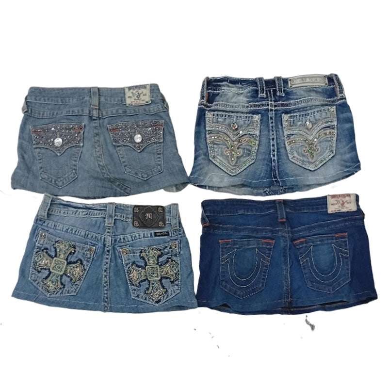 CR8476 UPCYCLED MIX BRANDED MINI DENIM SKIRTS