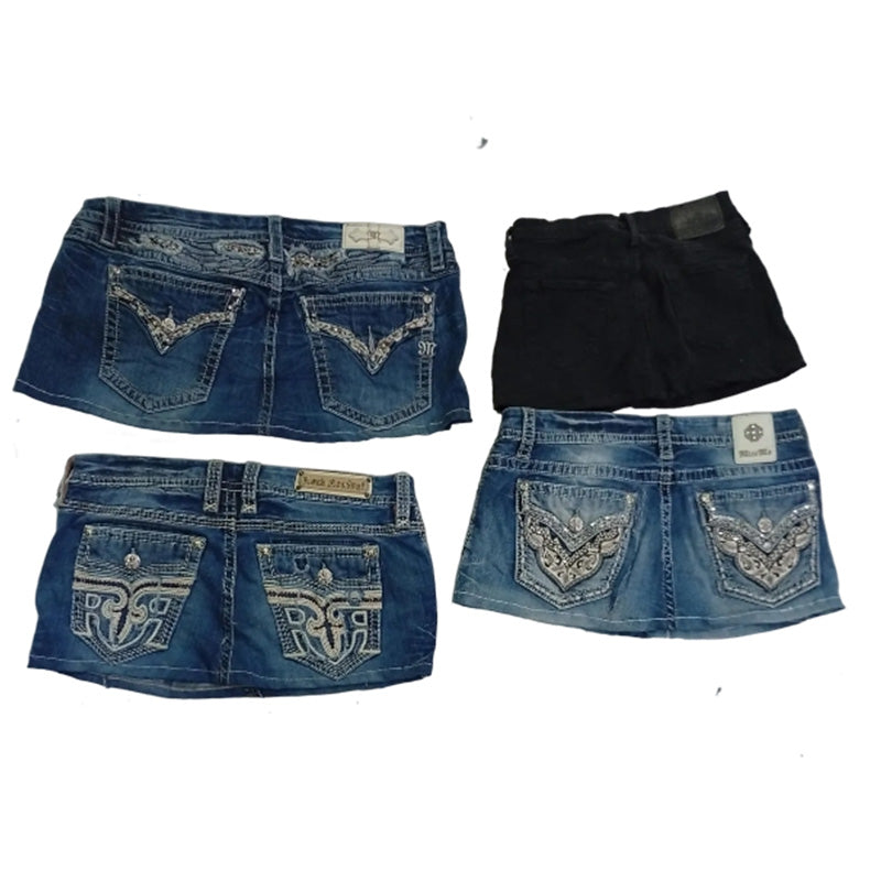 CR8503 UPCYCLED MIX BRANDED MINI DENIM SKIRTS