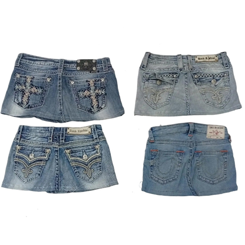CR8480 UPCYCLED MIX BRANDED MINI DENIM SKIRTS
