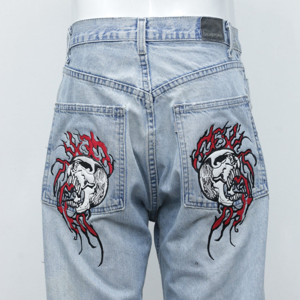 CR0034 Reworked Denim Pant With Skull Embroidery