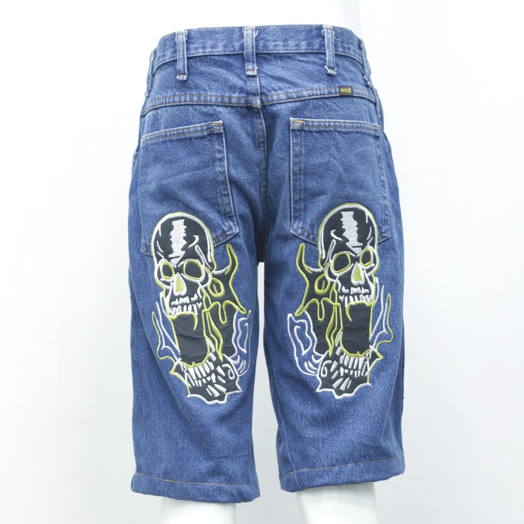 Reworked Denim Shorts with Skull Embroidery