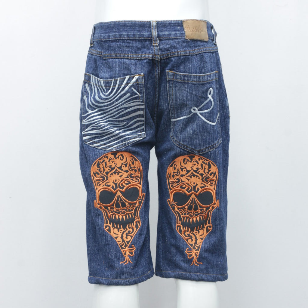 Reworked Denim Shorts With Skull Embroidery