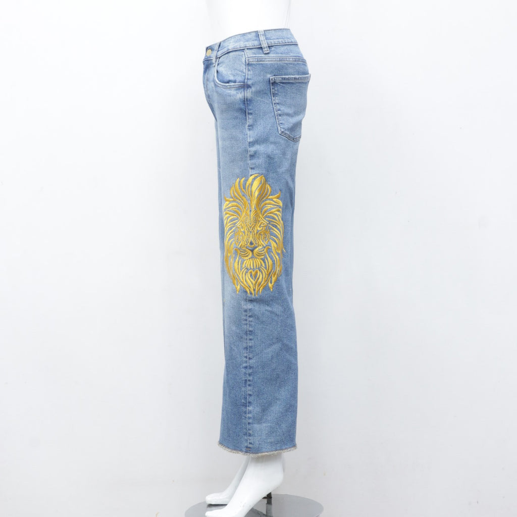 CR2302 Reworked Denim Pant With Lion Embroidery