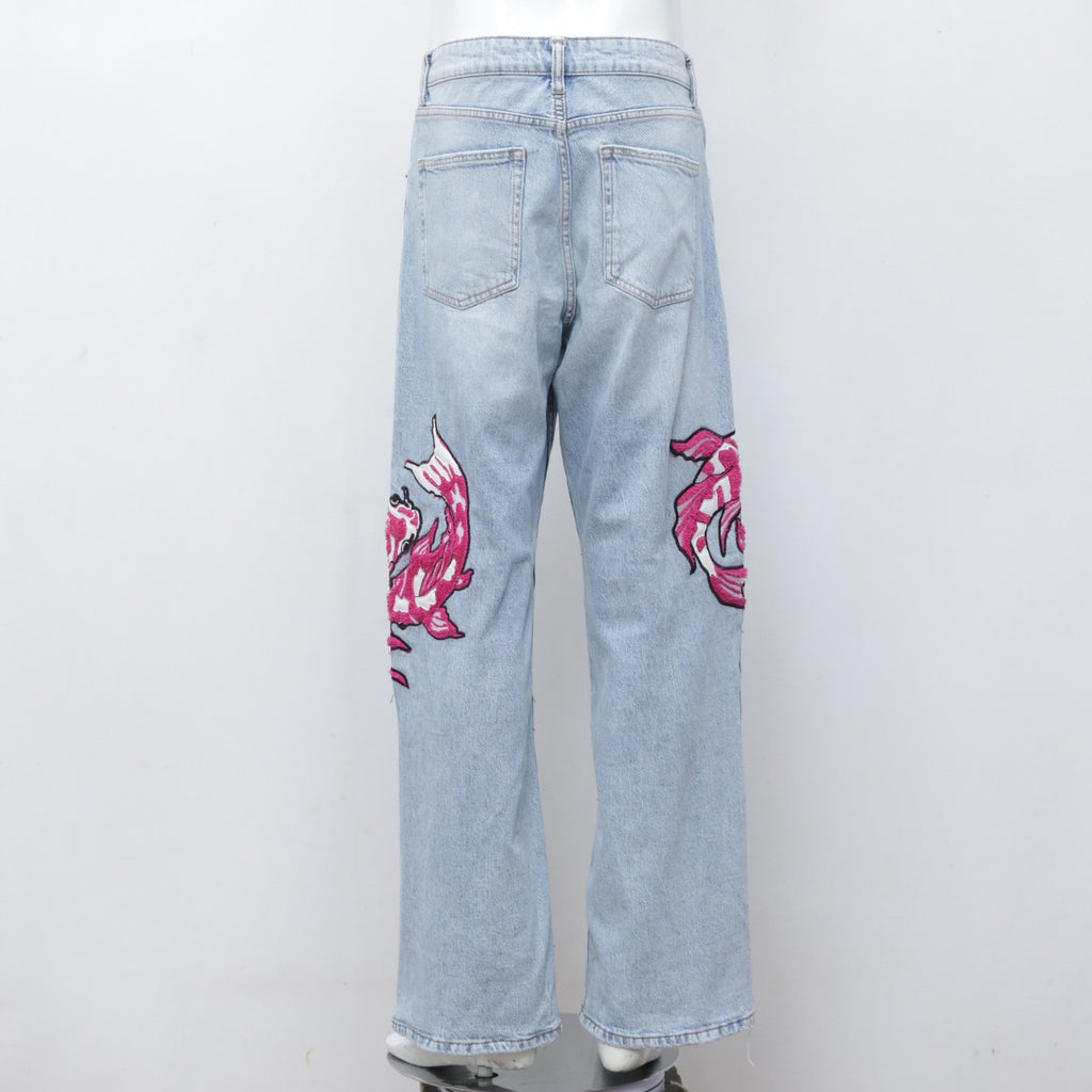 CR2394 Reworked Denim Pant With Fish Embroidery