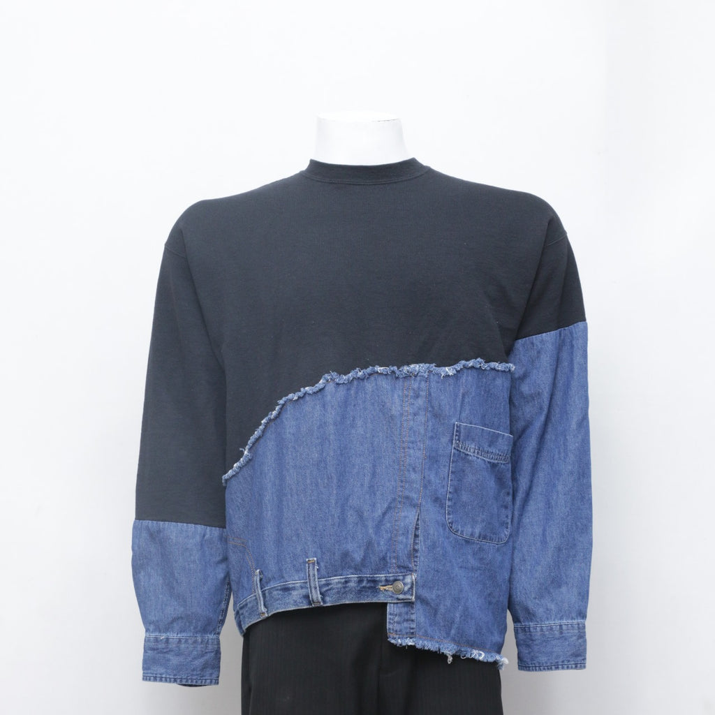 Reworked Sweatshirt Half & Half Denim Pullover