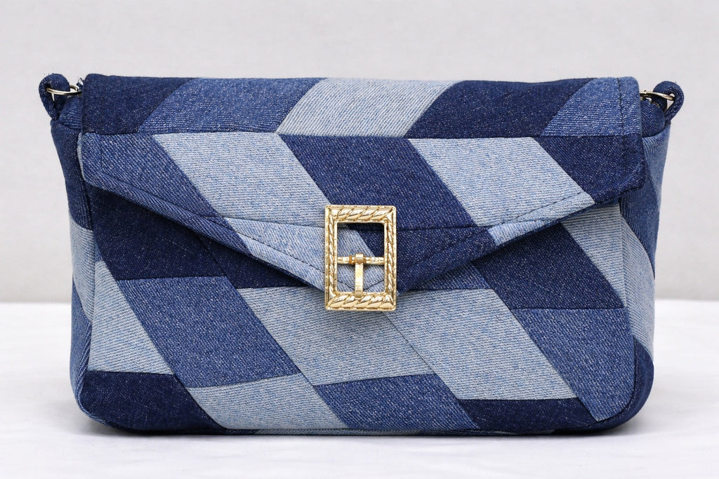 CR1431 Rework Denim Patchwork Shoulder Bag – Geometric Blue Chain Bag