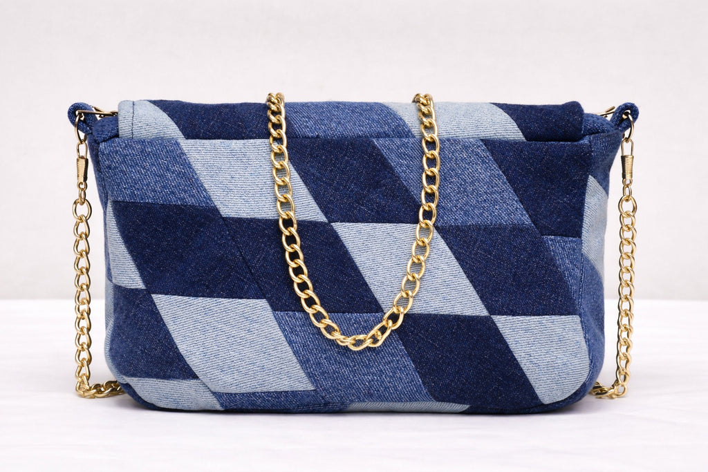 CR1431 Rework Denim Patchwork Shoulder Bag – Geometric Blue Chain Bag