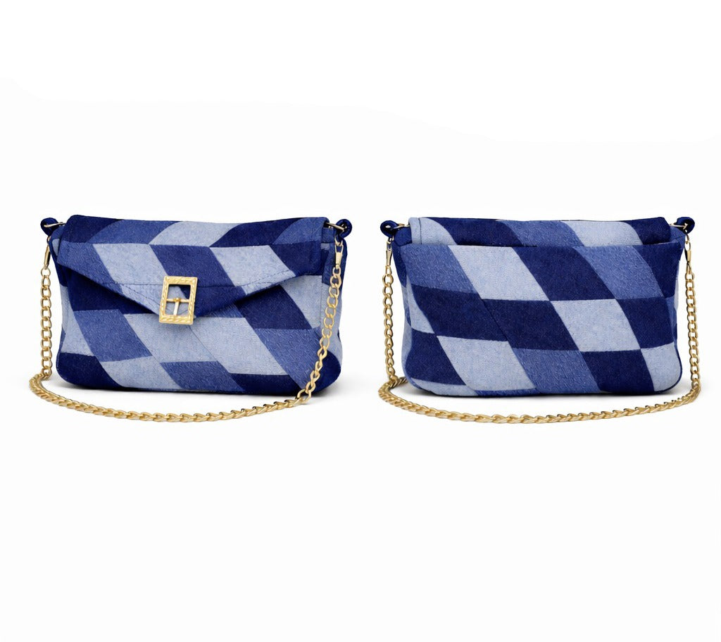 CR1431 Rework Denim Patchwork Shoulder Bag – Geometric Blue Chain Bag