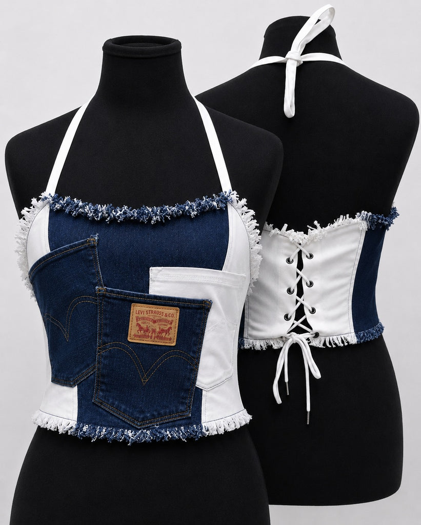 CR1822 UPCYCLED PATCHWORK HALTER CORSET TOP